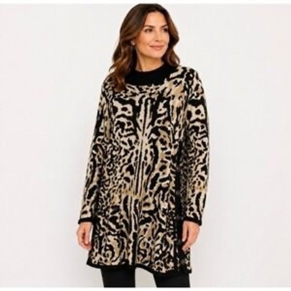Chicos Animal Print Tunic Sweater Mock Neck Cashmere Blend Tan Black Size 4 XXL
